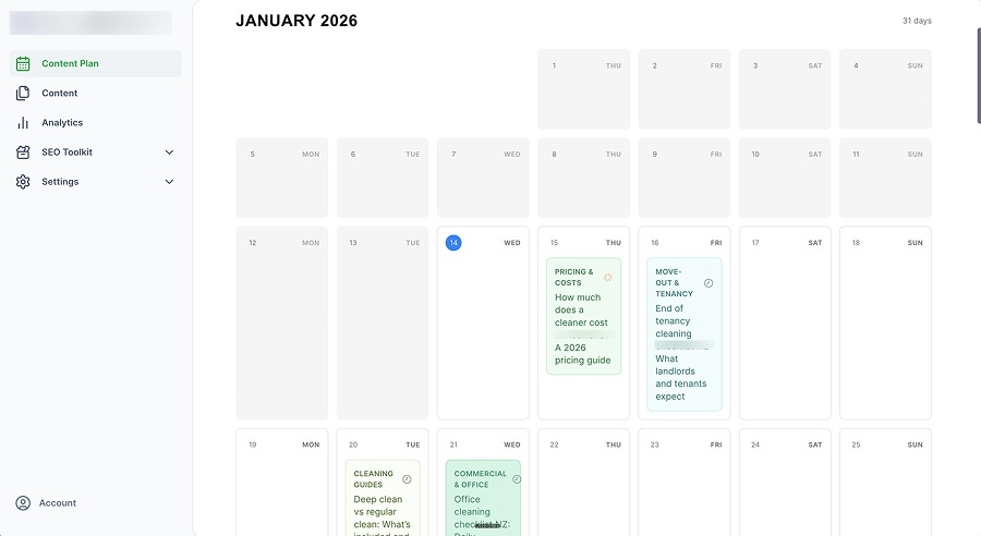SEO.ai content plan calendar for January 2026, with scheduled articles grouped by topic