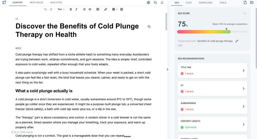 SEO.ai editor scoring a cold plunge therapy article 75%, with SEO recommendations for the title tag, H1 and subheadings