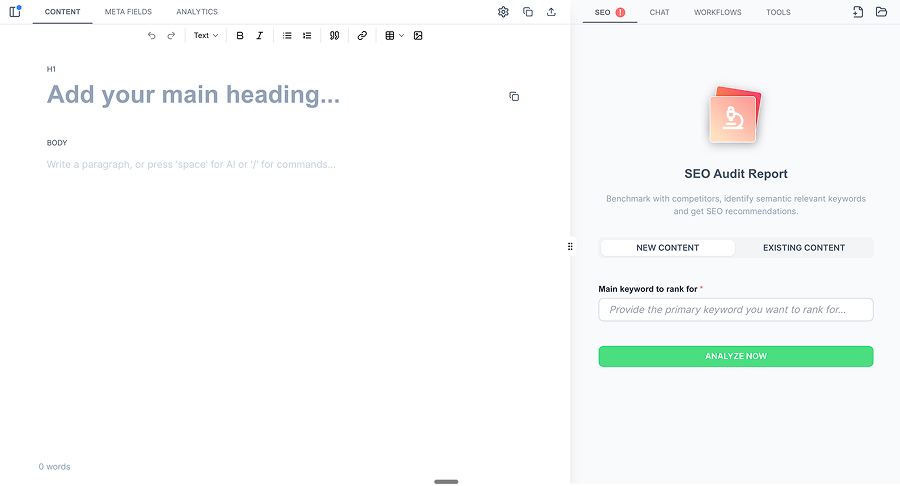 SEO.ai editor beside its SEO audit report panel, ready to analyze a main keyword