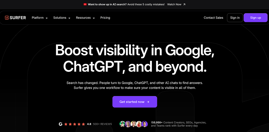 Surfer homepage, "Boost visibility in Google, ChatGPT, and beyond," with a 4.8 rating from 500+ reviews