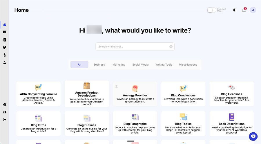 WordHero writing tools, including the AIDA copywriting formula, Amazon product descriptions and blog outlines