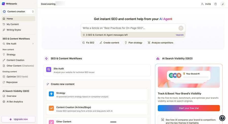 Writesonic dashboard with its AI agent, SEO and content workflows, and AI search visibility (GEO) tracking