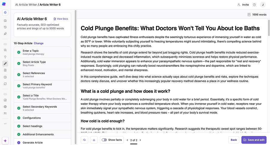 Writesonic AI Article Writer 6 generating "Cold Plunge Benefits: What Doctors Won't Tell You About Ice Baths" in 10 steps